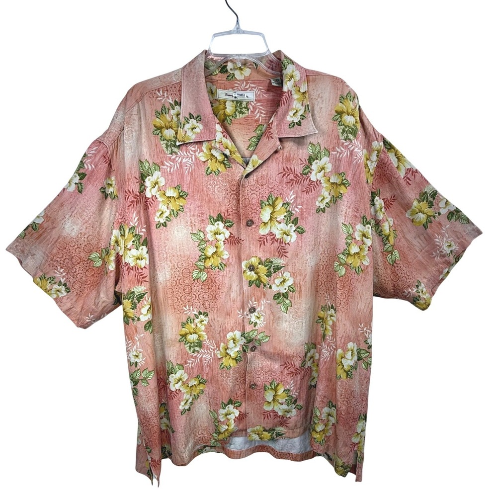 Tommy Bahama Mens XXL Silk Camp‎ Shirt Pink Floral Hibiscus Tropical Button Down